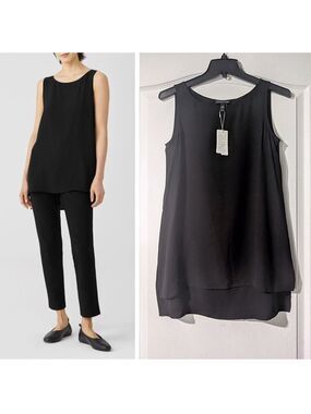 Eileen Fisher | Silk Georgette Crepe Bateau Neck Tank In Black